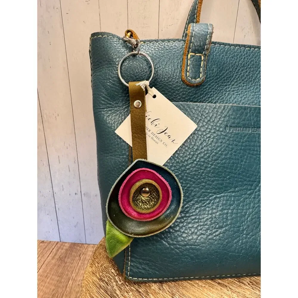 Genuine Leather Round Flower Purse Charm Blue Fuchsia Green Boho Bag Charm